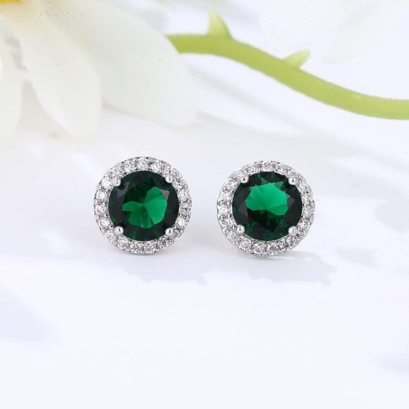 Women's Round Green Birthstone Elegant Mall Dainty Halo Cubic Zirconia Earring - Picture 4 of 6
